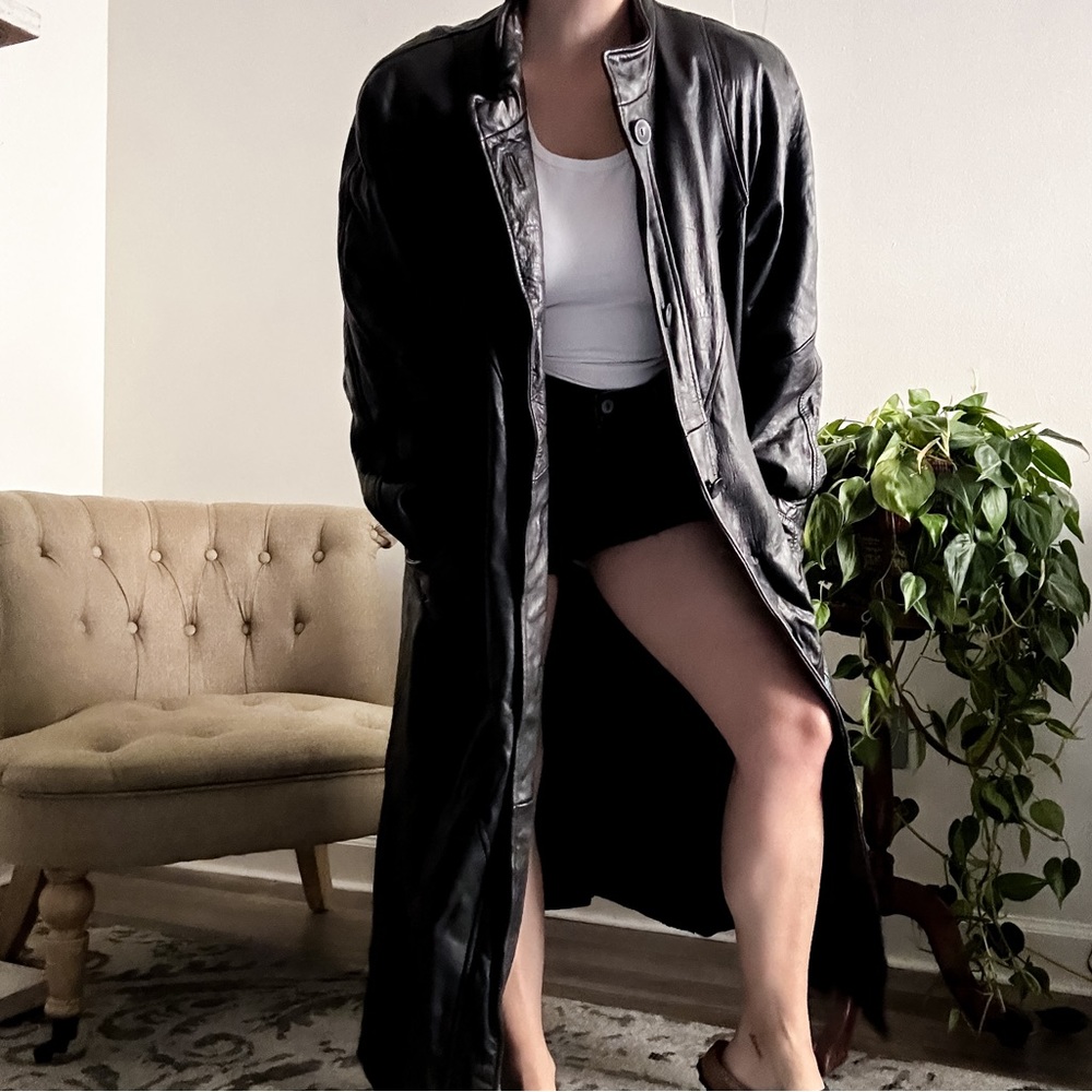 Vintage Leather Trench Coat Black Full Length (fits S-M)